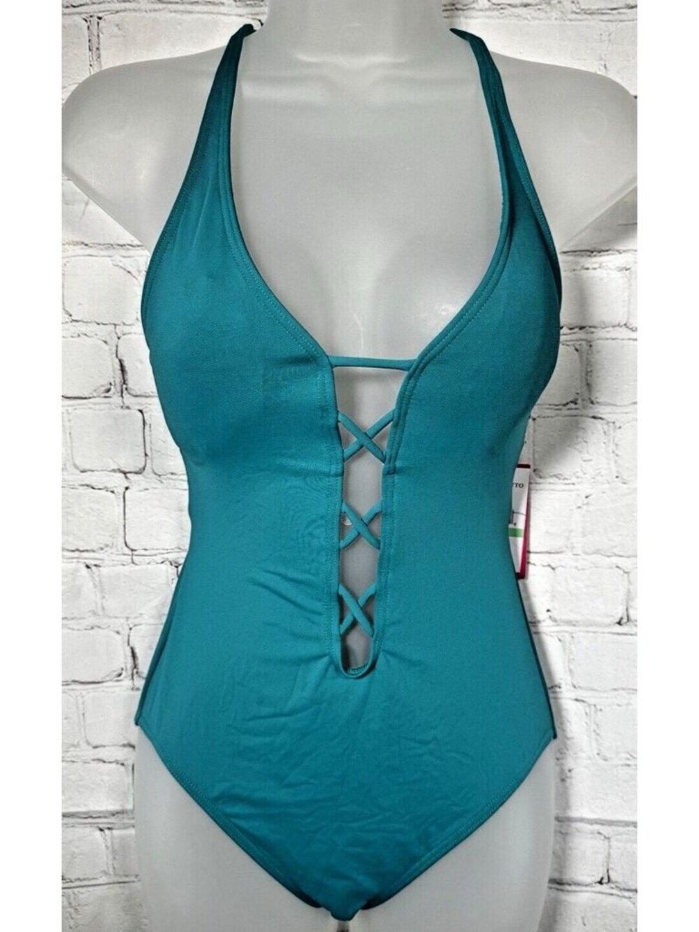 Vince Camuto Teal Green Size 8 Ladder Cross Front One-Piece Swimsuit